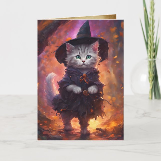 Kitten Witch, Happy Halloween Cute Cat Witch Card (Front)