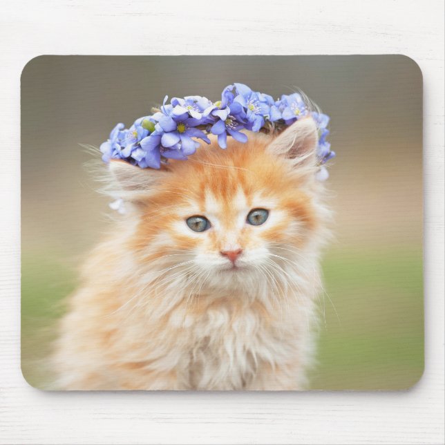 Kitten with a Garland of Purple Flowers Mouse Pad (Front)