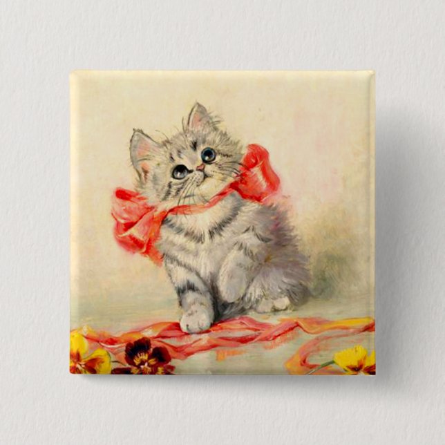 Kitten with a Red Ribbon 15 Cm Square Badge (Front)