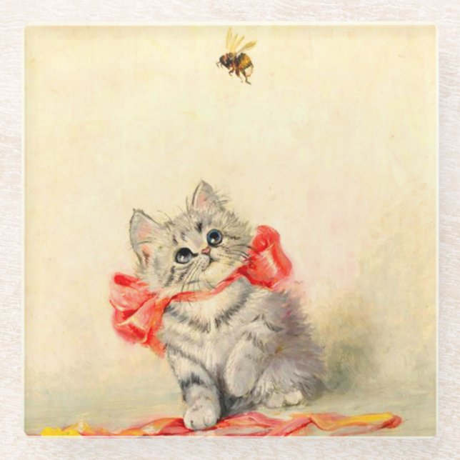 Kitten with a Red Ribbon Glass Coaster (Front)