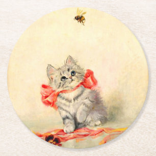 Kitten with a Red Ribbon Round Paper Coaster