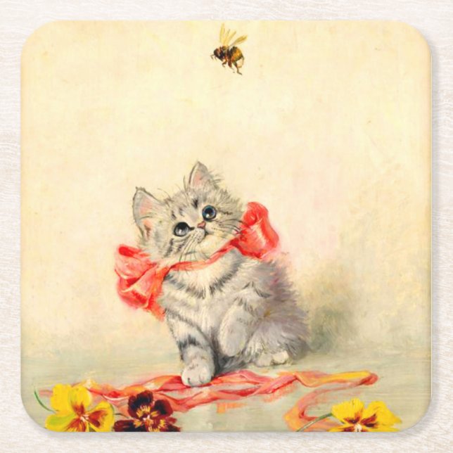 Kitten with a Red Ribbon Square Paper Coaster (Front)