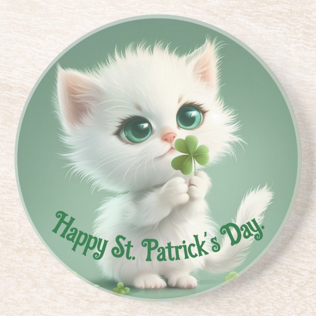 Kitten With A Shamrock Sandstone Coaster (Front)