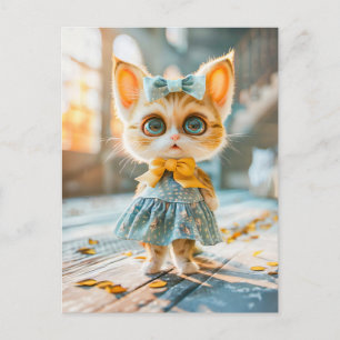 Kitten with big eyes in Blue Skirt and Blouse Holiday Postcard