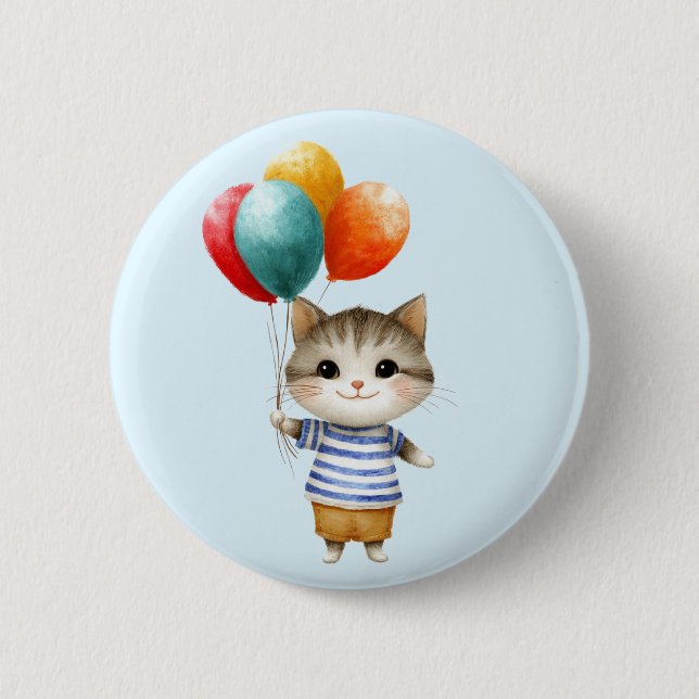Kitten with Birthday Balloons | Cute Party Celebra 6 Cm Round Badge (Front)