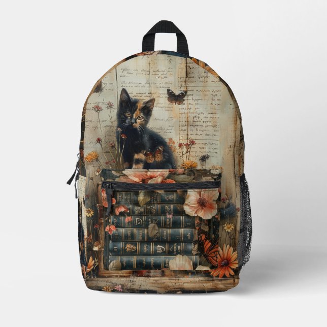 Kitten with Books Printed Backpack (Front)