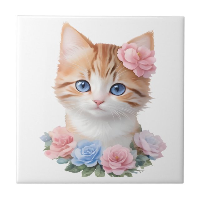 Kitten with Flowers Whimsical Feline  Ceramic Tile (Front)