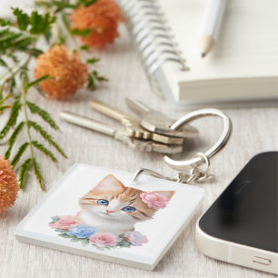 Kitten with Flowers Whimsical Feline  Key Ring