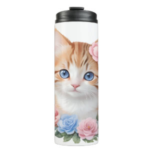 Kitten with Flowers Whimsical Feline  Thermal Tumbler