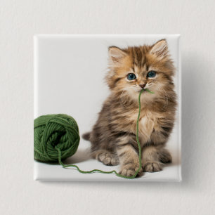 Kitten With Green Yarn 15 Cm Square Badge
