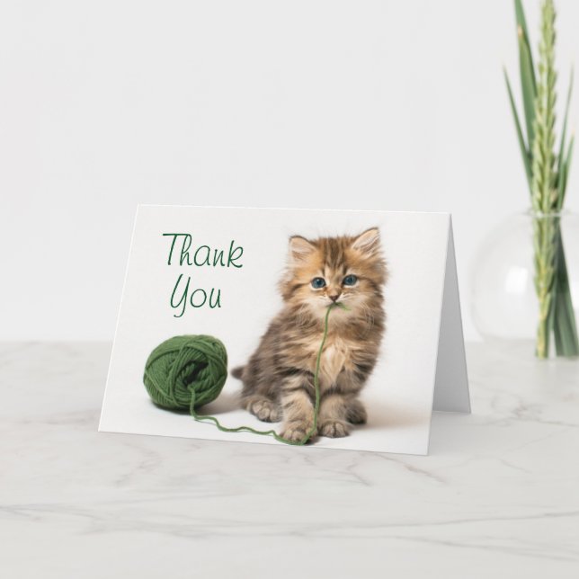 Kitten With Green Yarn Thank You Card (Front)