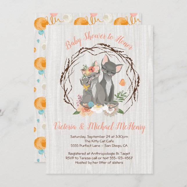 Kitten with Mummy and Daddy Baby Shower Invites (Front/Back)