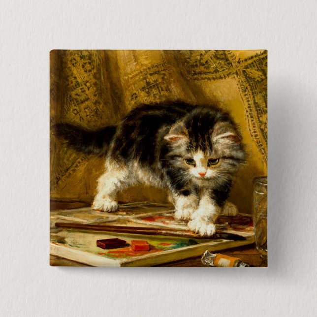 Kitten with Paint and Brushes 15 Cm Square Badge (Front)