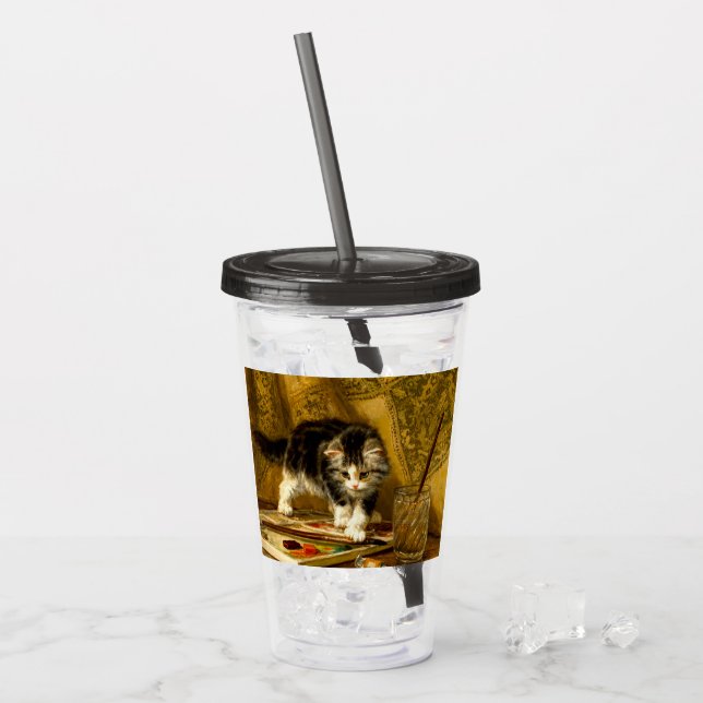 Kitten with Paint and Brushes Acrylic Tumbler (Front Ice)