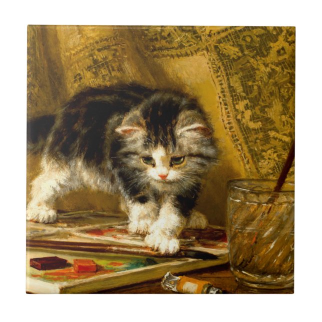 Kitten with Paint and Brushes Ceramic Tile (Front)
