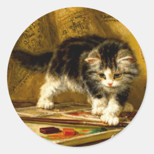 Kitten with Paint and Brushes Classic Round Sticker