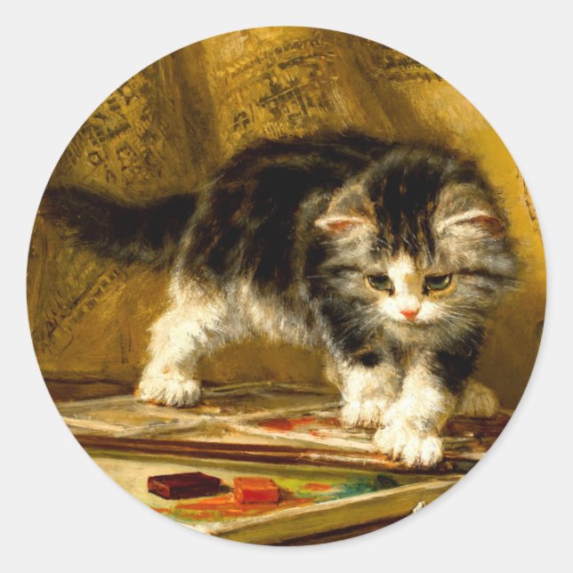Kitten with Paint and Brushes Classic Round Sticker (Front)