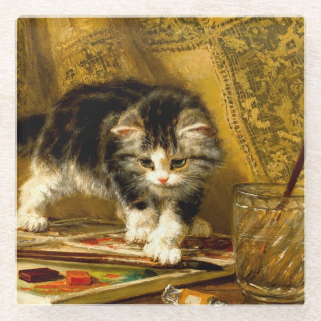 Kitten with Paint and Brushes Glass Coaster (Front)