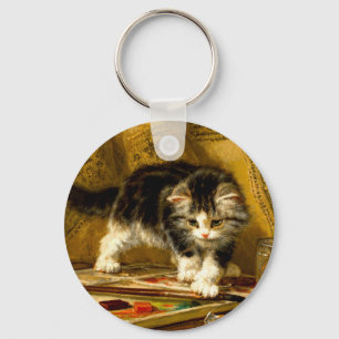 Kitten with Paint and Brushes Key Ring