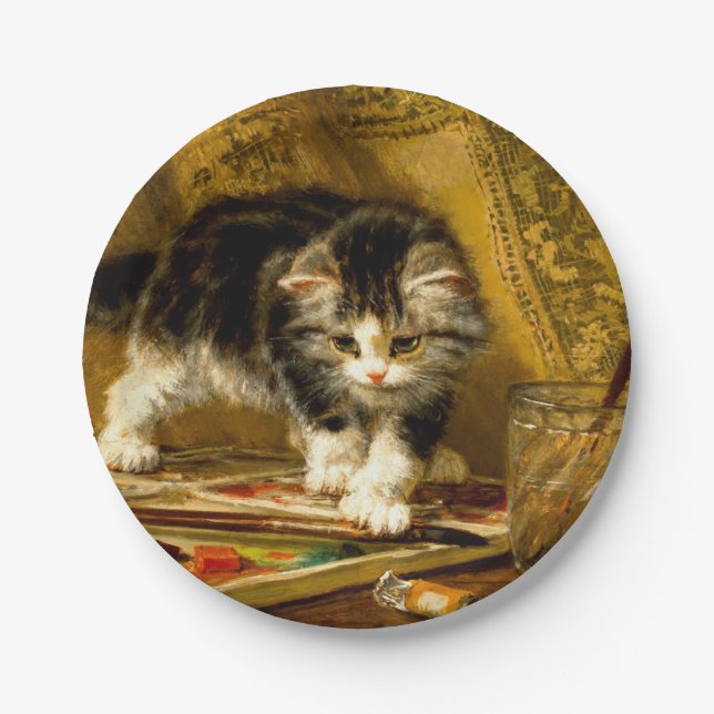 Kitten with Paint and Brushes Paper Plate (Front)