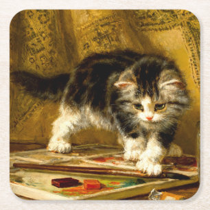 Kitten with Paint and Brushes Square Paper Coaster