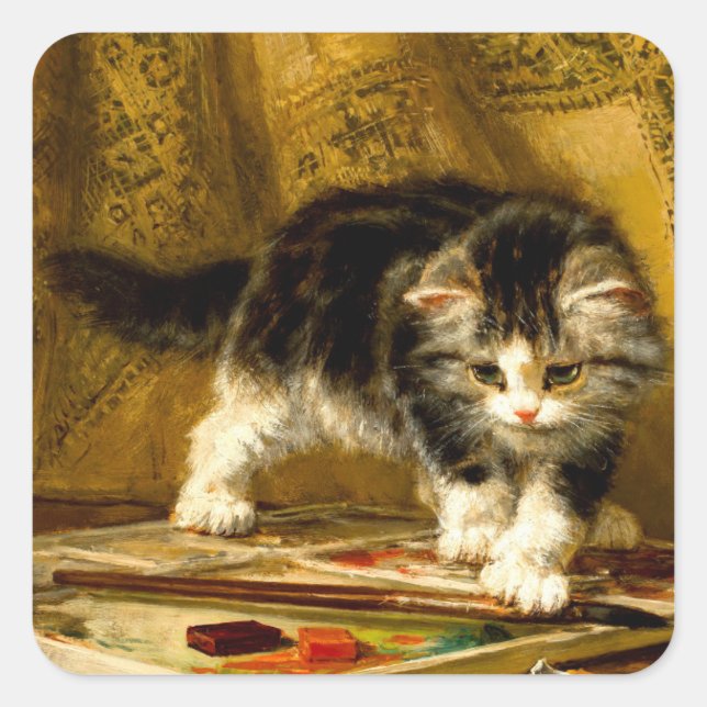 Kitten with Paint and Brushes Square Sticker (Front)