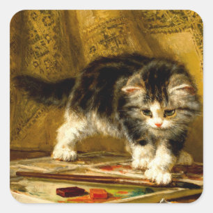 Kitten with Paint and Brushes Square Sticker