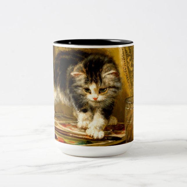 Kitten with Paint and Brushes Two-Tone Coffee Mug (Center)