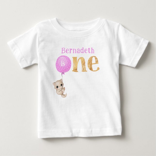 Kitten with Pink Balloon 1st Birthday  Baby T-Shirt (Front)