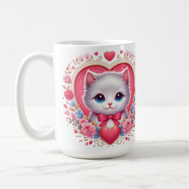 Kitten with Red Bow with Romantic Floral Hearts   Coffee Mug (Left)