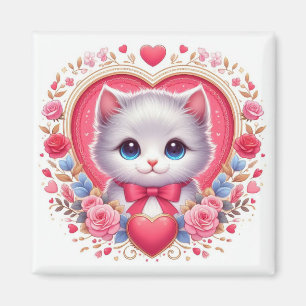 Kitten with Red Bow with Romantic Floral Hearts Magnet