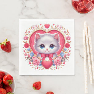 Kitten with Red Bow with Romantic Floral Hearts Napkin