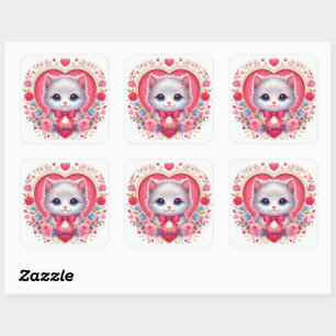Kitten with Red Bow with Romantic Floral Hearts   Square Sticker