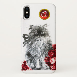 KITTEN WITH RED ROSES RUBY GEM MONOGRAM,white iPhone X Case