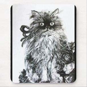 KITTEN WITH ROSES ,Black and White Mouse Pad