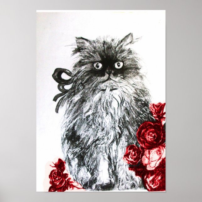 KITTEN WITH ROSES ,Black Red and White Poster (Front)