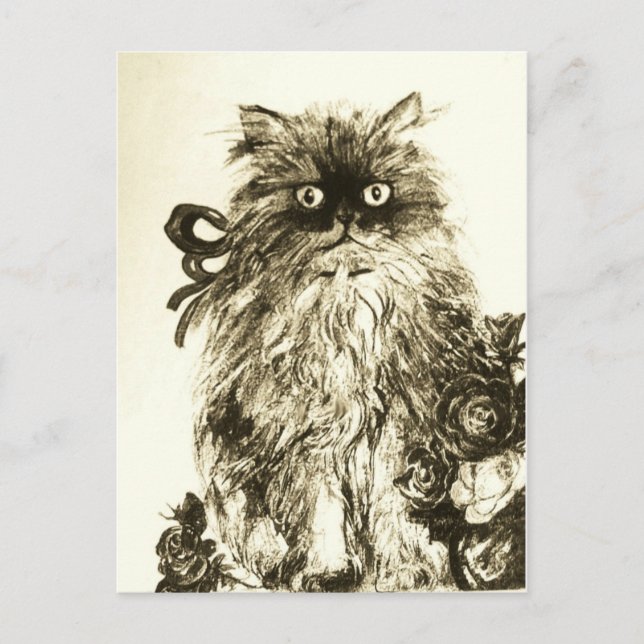 KITTEN WITH ROSES , Brown and White Postcard (Front)