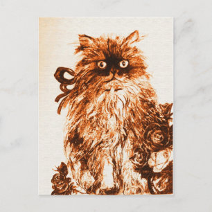 KITTEN WITH ROSES , Brown and White Postcard