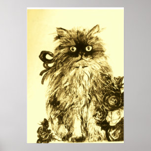 KITTEN WITH ROSES ,Brown Yellow and White Poster