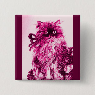 KITTEN WITH ROSES ,Pink Fuchsia White 15 Cm Square Badge