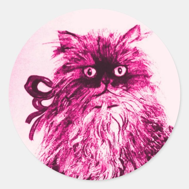 KITTEN WITH ROSES ,Pink Fuchsia White Classic Round Sticker (Front)