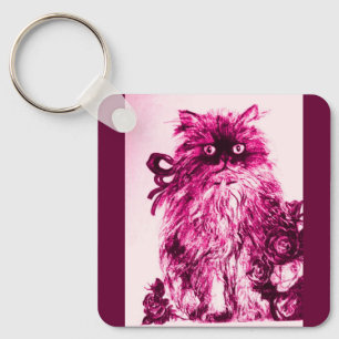 KITTEN WITH ROSES ,Pink Fuchsia White Key Ring