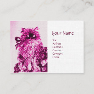 KITTEN WITH ROSES ,Pink Fuchsia White Linen Paper Business Card