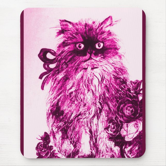 KITTEN WITH ROSES ,Pink Fuchsia White Mouse Pad (Front)