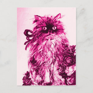 KITTEN WITH ROSES ,Pink Fuchsia White Postcard