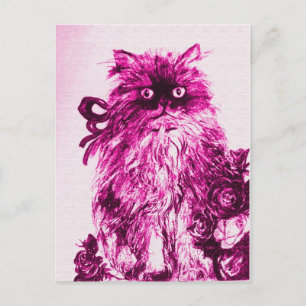 KITTEN WITH ROSES ,Pink Fuchsia White Postcard