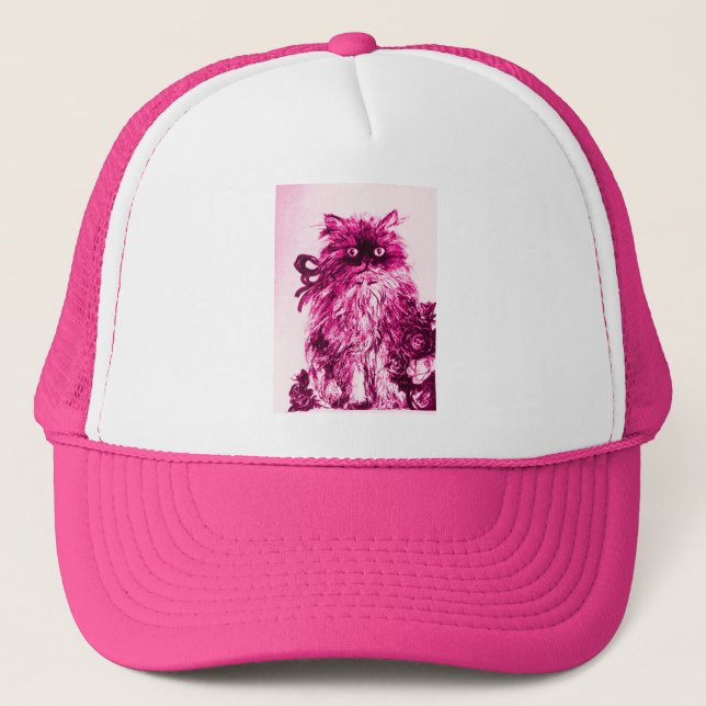 KITTEN WITH ROSES ,Pink Fuchsia White Trucker Hat (Front)