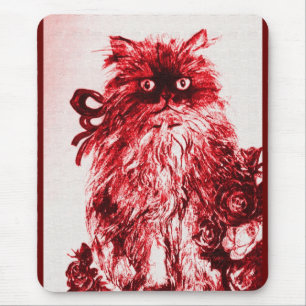 KITTEN WITH ROSES , Red and White Mouse Pad