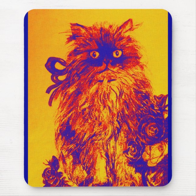 KITTEN WITH ROSES ,Yellow Orange Blue Mouse Pad (Front)