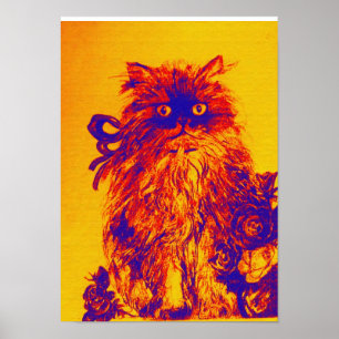 KITTEN WITH ROSES ,Yellow Orange Blue Poster